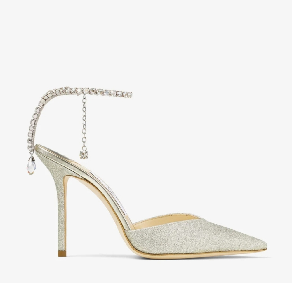 Jimmy Choo Saeda 100 Platinum Ice Dusty Glitter Size 38.5